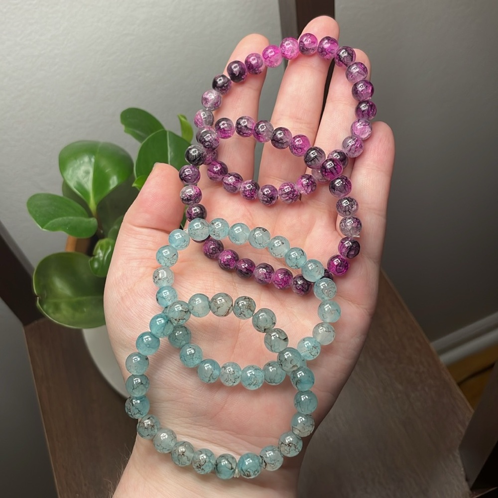 4pc LOT🌠NWOT🌠Stretchy glass bead bracelets >> royal purple + teal swirl